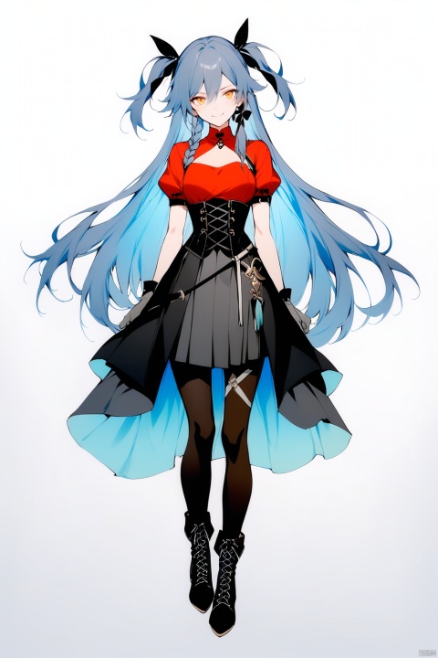  [[fu hua(honkai impact 3rd)]], nai3, 1girl, solo, artstyle,best quality,amazing quality,very aesthetic,absurdres,traditional media,female focus, 
1girl, solo, long hair, looking at viewer, smile, bangs, skirt, shirt, gloves, white background, dress, ribbon, closed mouth, blue hair, full body, hair ribbon, yellow eyes, braid, short sleeves, pantyhose, boots, black gloves, puffy sleeves, virtual youtuber, black footwear, two side up, puffy short sleeves, black pantyhose, black ribbon, red shirt, corset, cross-laced footwear, reference sheet, grey gloves, black corset