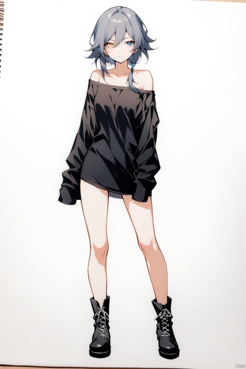  [[fu hua(honkai impact 3rd)]], nai3, 1girl, solo, artstyle,best quality,amazing quality,very aesthetic,absurdres,traditional media,female focus, 
1girl, solo, short hair, bangs, blue eyes, simple background, shirt, long sleeves, white background, closed mouth, standing, collarbone, full body, yellow eyes, grey hair, boots, striped, off shoulder, black footwear, sleeves past wrists, black shirt, heterochromia, cross-laced footwear, off-shoulder shirt