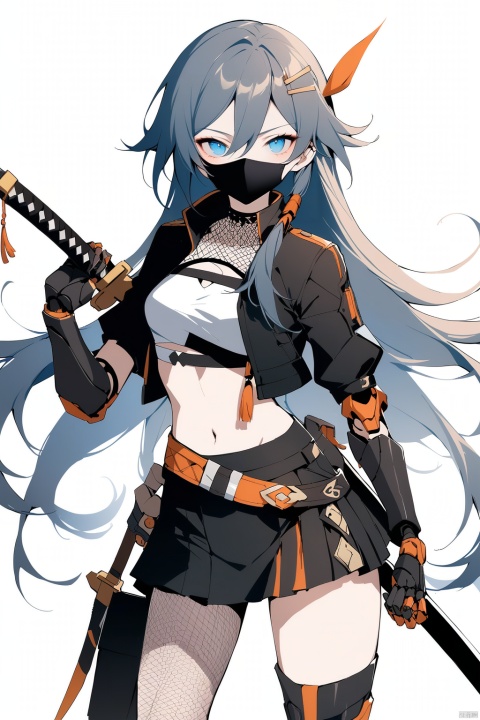  [[fu hua(honkai impact 3rd)]], nai3, 1girl, solo, artstyle,best quality,amazing quality,very aesthetic,absurdres,traditional media,female focus, 
1girl, looking at viewer, blue eyes, skirt, brown hair, hair ornament, gloves, white background, holding, jacket, weapon, boots, hairclip, midriff, sword, holding weapon, black jacket, multiple views, mask, holding sword, katana, sheath, fishnets, cropped jacket, mouth mask, joints, doll joints, robot joints