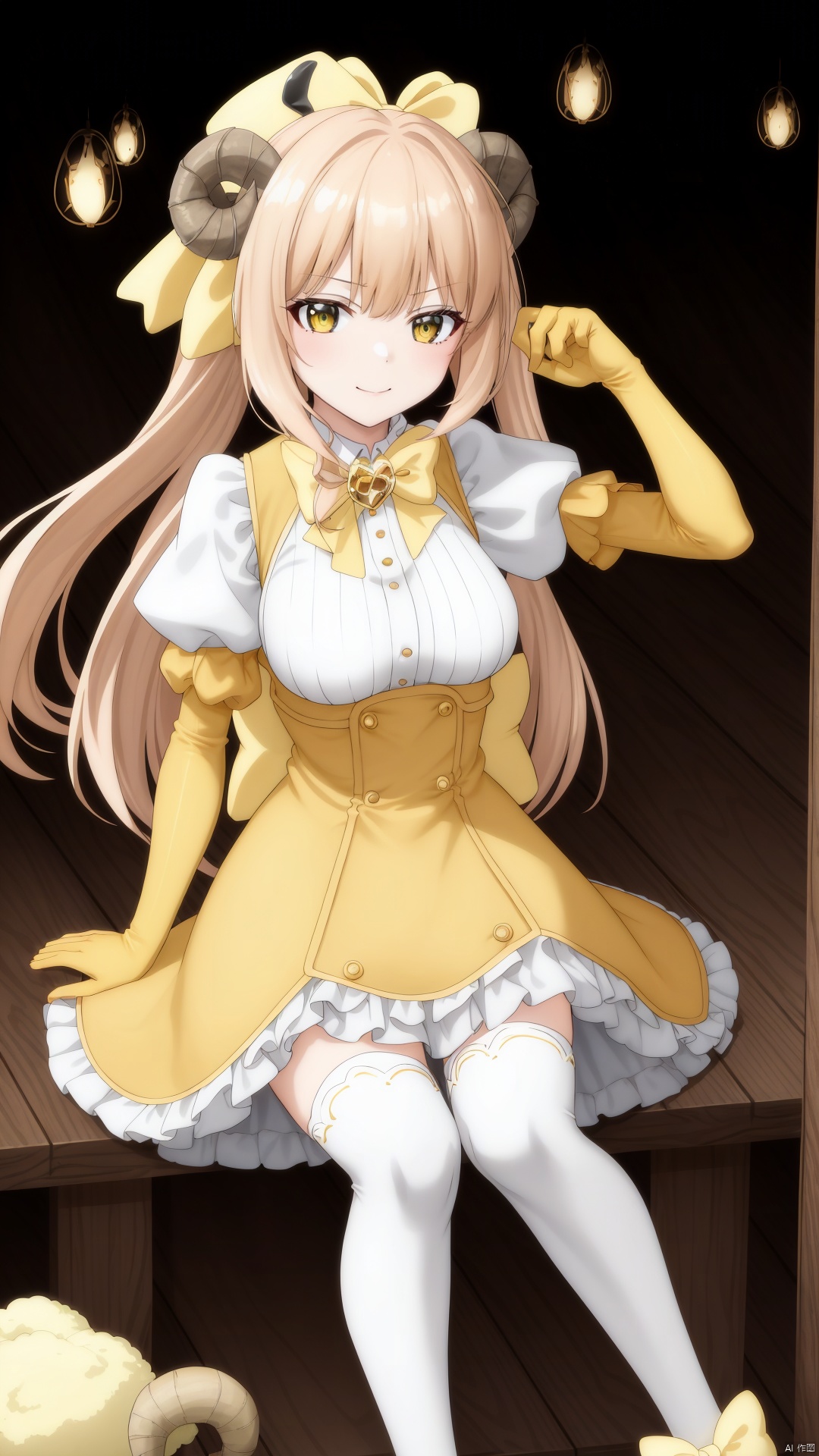 gloves,bow,dress,thighhighs,elbow gloves,1girl,puffy sleeves,hair bow,breasts,魔法枫糖, A young girl,A girl,Two yellow sheep hor