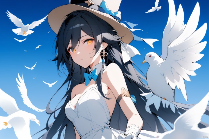  [[fu hua(honkai impact 3rd)]], nai3, 1girl, solo, artstyle,best quality,amazing quality,very aesthetic,absurdres,traditional media,female focus, 
blue eyes, multiple girls, blonde hair, black hair, gloves, hat, dress, holding, 2girls, yellow eyes, wings, white gloves, bowtie, white dress, coat, bird, blue background, formal, headwear removed, angel wings, hat removed, top hat, white wings, angel, dove, pigeon