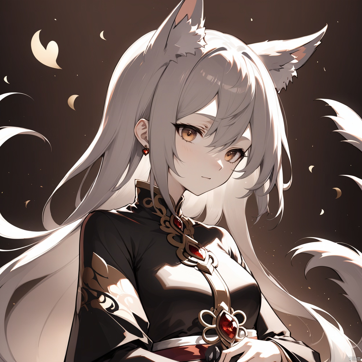  [[fu hua(honkai impact 3rd)]], nai3, 1girl, solo, artstyle,best quality,amazing quality,very aesthetic,absurdres,traditional media,female focus, 
 long sleeves, holding, jewelry, closed mouth, monochrome, closed eyes, heart, earrings, japanese clothes, wide sleeves, mole under eye, animal, sepia, fox,