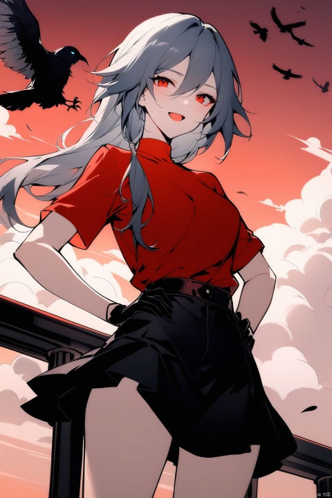  [[fu hua(honkai impact 3rd)]], nai3, 1girl, solo, artstyle,best quality,amazing quality,very aesthetic,absurdres,traditional media,female focus, 
1girl, solo, long hair, smile, open mouth, skirt, shirt, gloves, short sleeves, grey hair, outdoors, sky, black gloves, cloud, mask, bird, feathers, red shirt, facing viewer, hands on hips, railing, crow, red sky