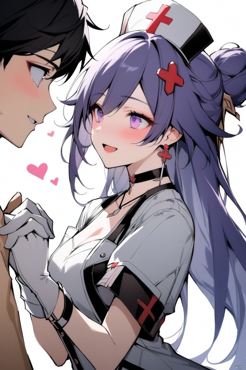  [[fu hua(honkai impact 3rd)]], nai3, 1girl, solo, artstyle,best quality,amazing quality,very aesthetic,absurdres,traditional media,female focus, 
1girl, long hair, blush, smile, open mouth, bangs, hair ornament, gloves, 1boy, hat, dress, purple eyes, upper body, purple hair, short sleeves, heart, choker, white gloves, hair bun, looking at another, from side, holding hands, black choker, 1other, nurse cap, ambiguous gender, 