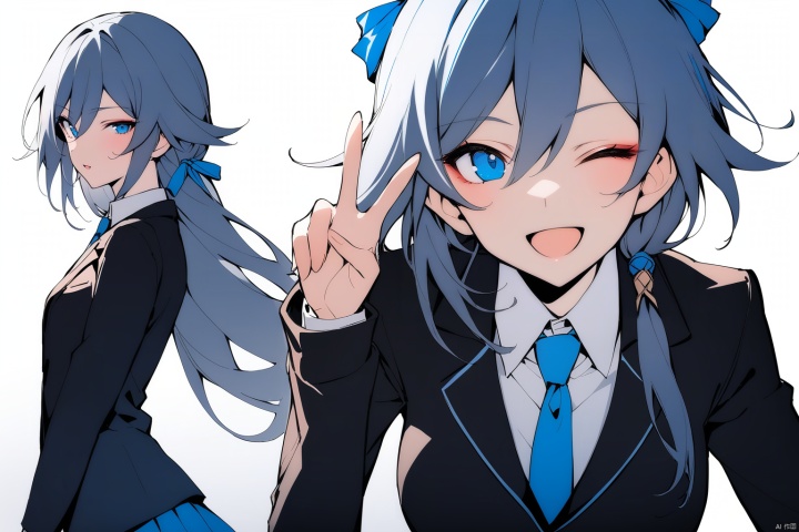  [[fu hua(honkai impact 3rd)]], nai3, 1girl, solo, artstyle,best quality,amazing quality,very aesthetic,absurdres,traditional media,female focus, 
long hair, looking at viewer, smile, short hair, open mouth, multiple girls,grey hair, white background, ribbon, 2girls, school uniform, blue hair, jacket, hair ribbon, blue eyes, one eye closed, necktie, v, blazer