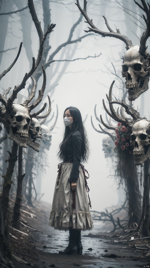  A girl standing on a tree, from a low angle, from below, interweaving with the lines of the tree roots,Skull mask,kulou,tree,flower,antler, Detail, flowing skirts,Giant flowers,, Electroplating paint