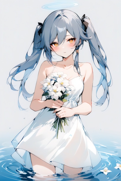  [[fu hua(honkai impact 3rd)]], nai3, 1girl, solo, artstyle,best quality,amazing quality,very aesthetic,absurdres,traditional media,female focus, 
1girl, solo, long hair, looking at viewer, blush, bangs, simple background, white background, dress, ribbon, holding, twintails, brown eyes, blue hair, collarbone, hair ribbon, yellow eyes, flower, grey hair, parted lips, sleeveless, grey background, water, white dress, black ribbon, sleeveless dress, halo, white flower, wading, holding flower