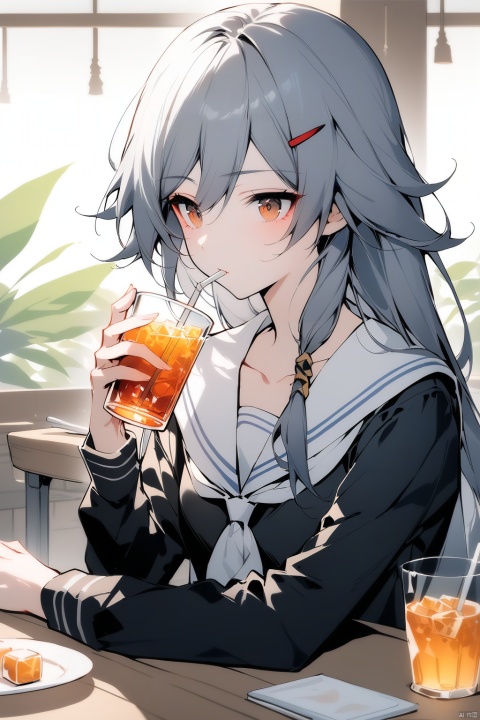  [[fu hua(honkai impact 3rd)]], nai3, 1girl, solo, artstyle,best quality,amazing quality,very aesthetic,absurdres,traditional media,female focus, 
1girl, solo, long hair, bangs, shirt, hair ornament, long sleeves, holding, brown eyes, sitting, closed mouth, school uniform, collarbone, upper body, white hair, serafuku, hairclip, indoors, sailor collar, cup, hands up, holding cup, drinking glass, white sailor collar, drinking straw, drink, drinking, ice cube