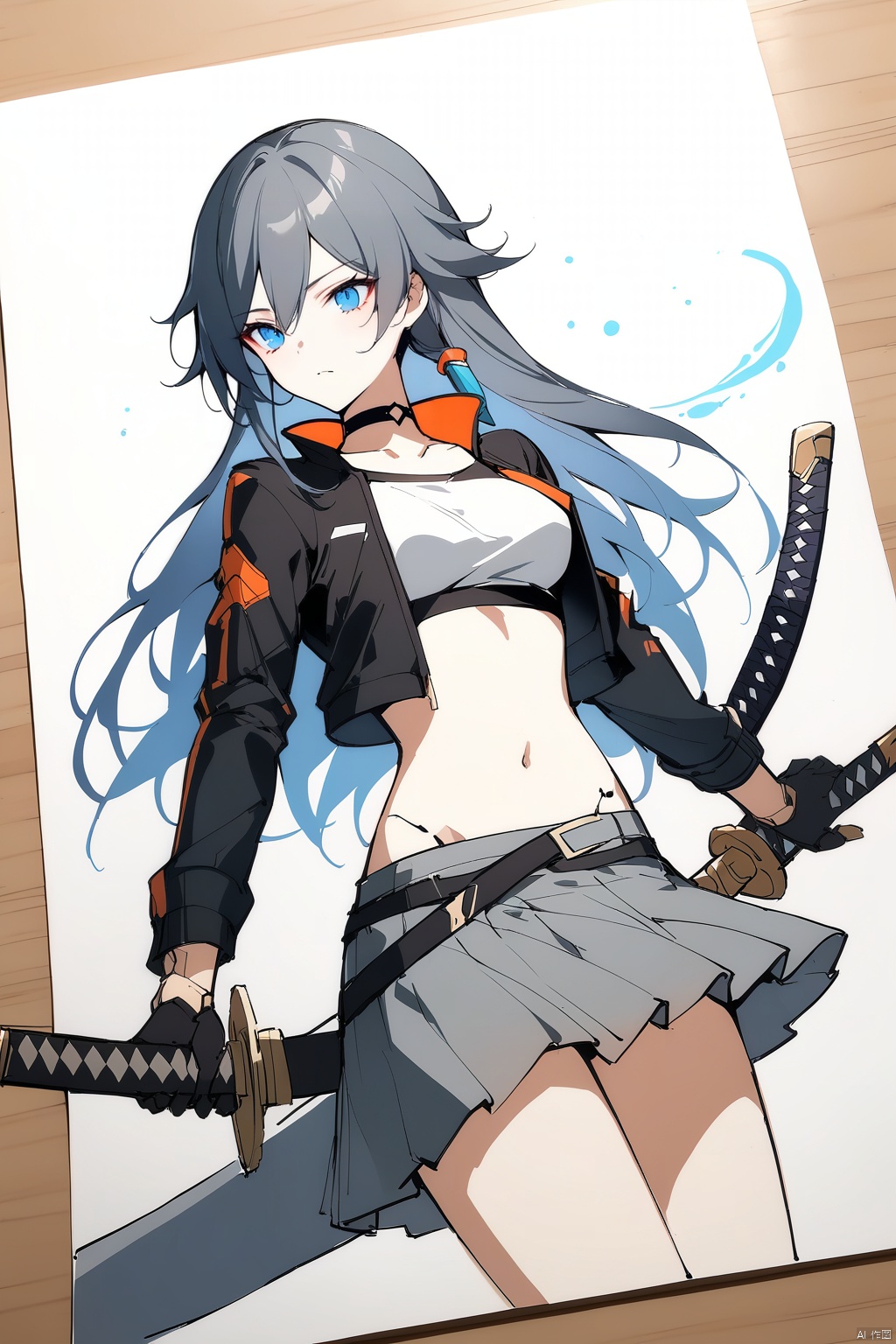  [[fu hua(honkai impact 3rd)]], nai3, 1girl, solo, artstyle,best quality,amazing quality,very aesthetic,absurdres,traditional media,female focus, 
1girl, long hair, blue eyes, skirt, brown hair, black hair, gloves, navel, holding, standing, jacket, weapon, open clothes, solo focus, choker, black gloves, midriff, sword, holding weapon, open jacket, sketch, black jacket, katana, sheath, faceless, grey skirt, cropped jacket, android, joints
