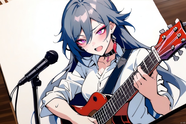  [[fu hua(honkai impact 3rd)]], nai3, 1girl, solo, artstyle,best quality,amazing quality,very aesthetic,absurdres,traditional media,female focus, 
1girl, solo, long hair, open mouth, shirt, black hair, holding, jewelry, purple eyes, sweat, earrings, necktie, choker, pink eyes, collar, makeup, instrument, microphone, music, guitar, singing, playing instrument, electric guitar