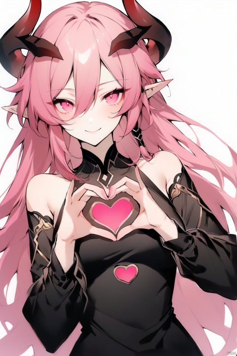 [[fu hua(honkai impact 3rd)]], nai3, 1girl, solo, artstyle,best quality,amazing quality,very aesthetic,absurdres,traditional media,female focus, 
1girl, solo, long hair, looking at viewer, smile, simple background, long sleeves, white background, dress, hair between eyes, upper body, pink hair, heart, horns, pointy ears, pink eyes, chibi, black dress, heart hands