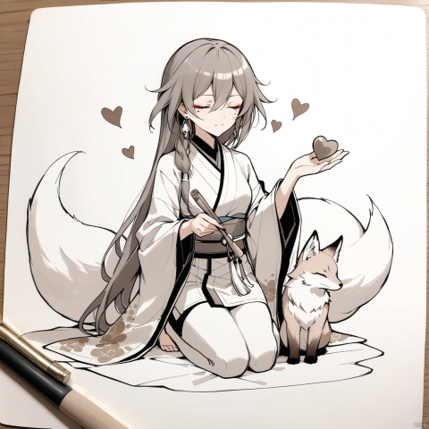  [[fu hua(honkai impact 3rd)]], nai3, 1girl, solo, artstyle,best quality,amazing quality,very aesthetic,absurdres,traditional media,female focus, 
 long sleeves, holding, jewelry, closed mouth, monochrome, closed eyes, heart, earrings, japanese clothes, wide sleeves, mole under eye, animal, sepia, fox, pvc figure