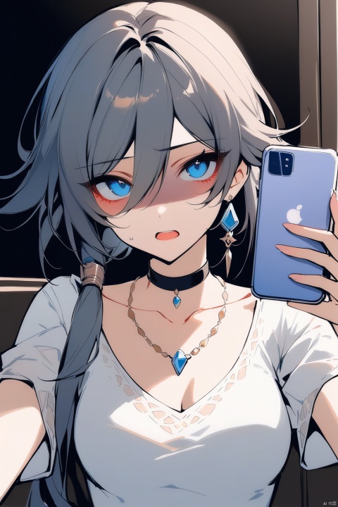  [[fu hua(honkai impact 3rd)]], nai3, 1girl, solo, artstyle,best quality,amazing quality,very aesthetic,absurdres,traditional media,female focus, 
1girl, solo, long hair, open mouth, blue eyes, brown hair, shirt, dress, holding, jewelry, sitting, collarbone, upper body, short sleeves, choker, necklace, white dress, sweatdrop, phone, cellphone, shaded face, smartphone, holding phone, selfie