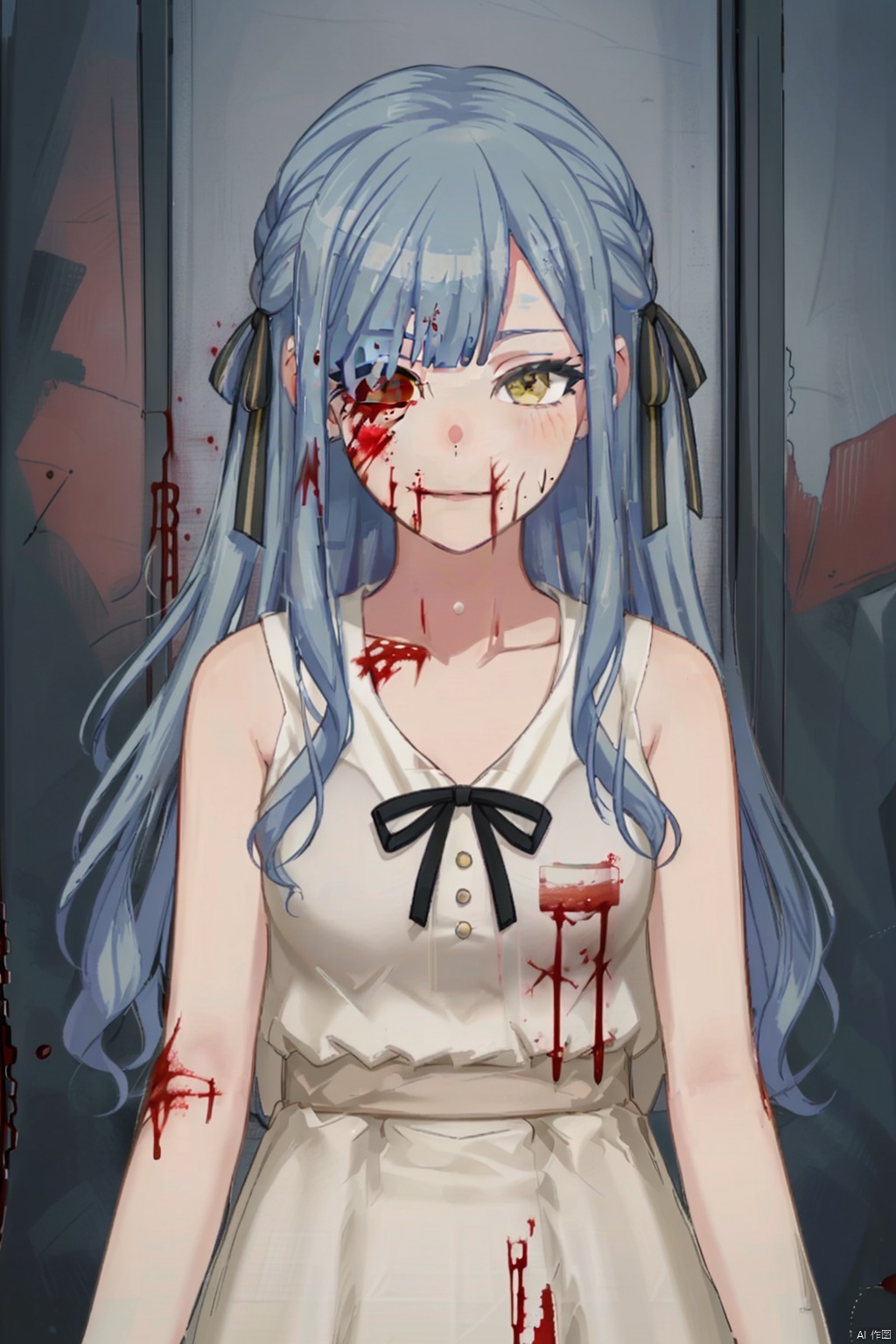  1girl, solo, masterpiece, best quality,  , togawa sakiko, 
1girl, solo, long hair, looking at viewer, dress, ribbon, bare shoulders, closed mouth, blue hair, collarbone, hair ribbon, yellow eyes, white dress, black ribbon, blood, strap slip, ((((blood on face, blood on clothes, covering one eye))))