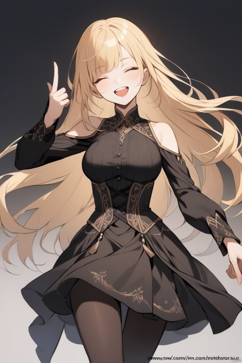 
1girl, solo, long hair, breasts, smile, open mouth, bangs, blonde hair, simple background, long sleeves, white background, dress, standing, closed eyes, pantyhose, cowboy shot, censored, teeth, artist name, black dress, mosaic censoring, black pantyhose, mask, upper teeth only, watermark, facing viewer, web address, corset, shoulder cutout, middle finger
