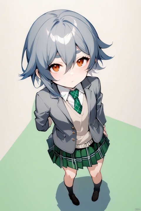  [[fu hua(honkai impact 3rd)]], nai3, 1girl, solo, artstyle,best quality,amazing quality,very aesthetic,absurdres,traditional media,female focus, 
1girl, solo, looking at viewer, short hair, bangs, skirt, shirt, hair between eyes, brown eyes, closed mouth, school uniform, jacket, full body, white shirt, grey hair, pleated skirt, necktie, collared shirt, chibi, plaid, shadow, from above, plaid skirt, blazer, thick eyebrows, looking up, green skirt, green background, grey jacket