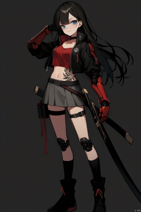 
1girl, solo, long hair, looking at viewer, blue eyes, skirt, simple background, black hair, gloves, navel, holding, standing, jacket, full body, weapon, boots, open clothes, choker, black gloves, socks, midriff, belt, sword, miniskirt, black footwear, holding weapon, black jacket, crop top, tattoo, thigh strap, black choker, holding sword, katana, red shirt, sheath, grey skirt, cropped jacket, sheathed, android, joints, mechanical arms, robot joints