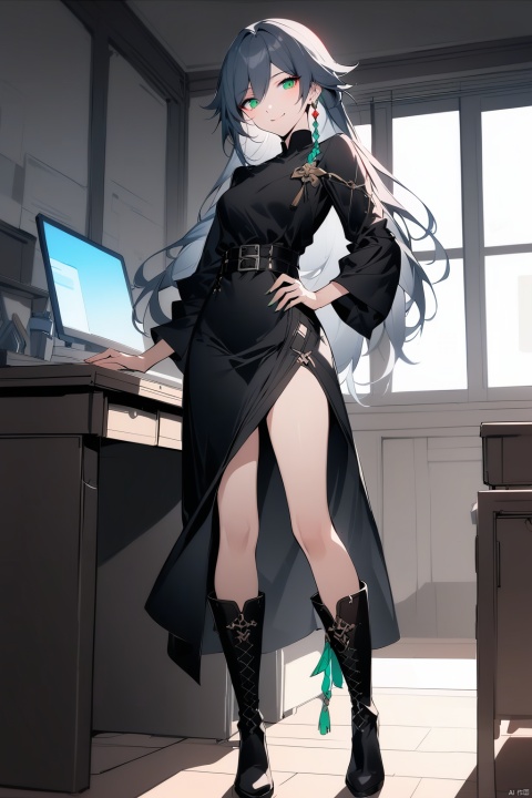  [[fu hua(honkai impact 3rd)]], nai3, 1girl, solo, artstyle,best quality,amazing quality,very aesthetic,absurdres,traditional media,female focus, 
1girl, solo, long hair, looking at viewer, smile, long sleeves, dress, green eyes, standing, full body, earrings, boots, belt, indoors, black footwear, black dress, hand on hip, chair, knee boots, desk