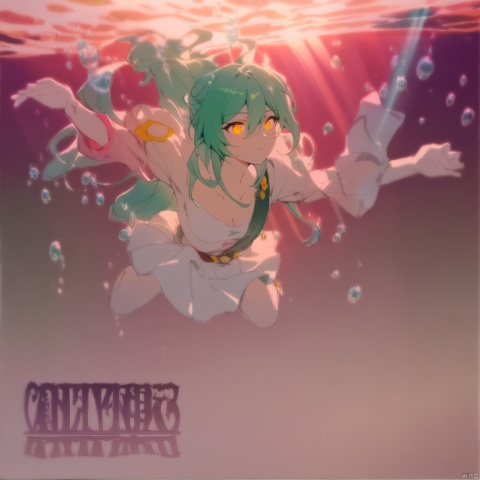  [[fu hua(honkai impact 3rd)]], nai3, 1girl, solo, artstyle,best quality,amazing quality,very aesthetic,absurdres,traditional media,female focus, 
1girl, solo, long hair, skirt, ribbon, yellow eyes, green hair, parody, cover, bubble, underwater, air bubble, album cover
