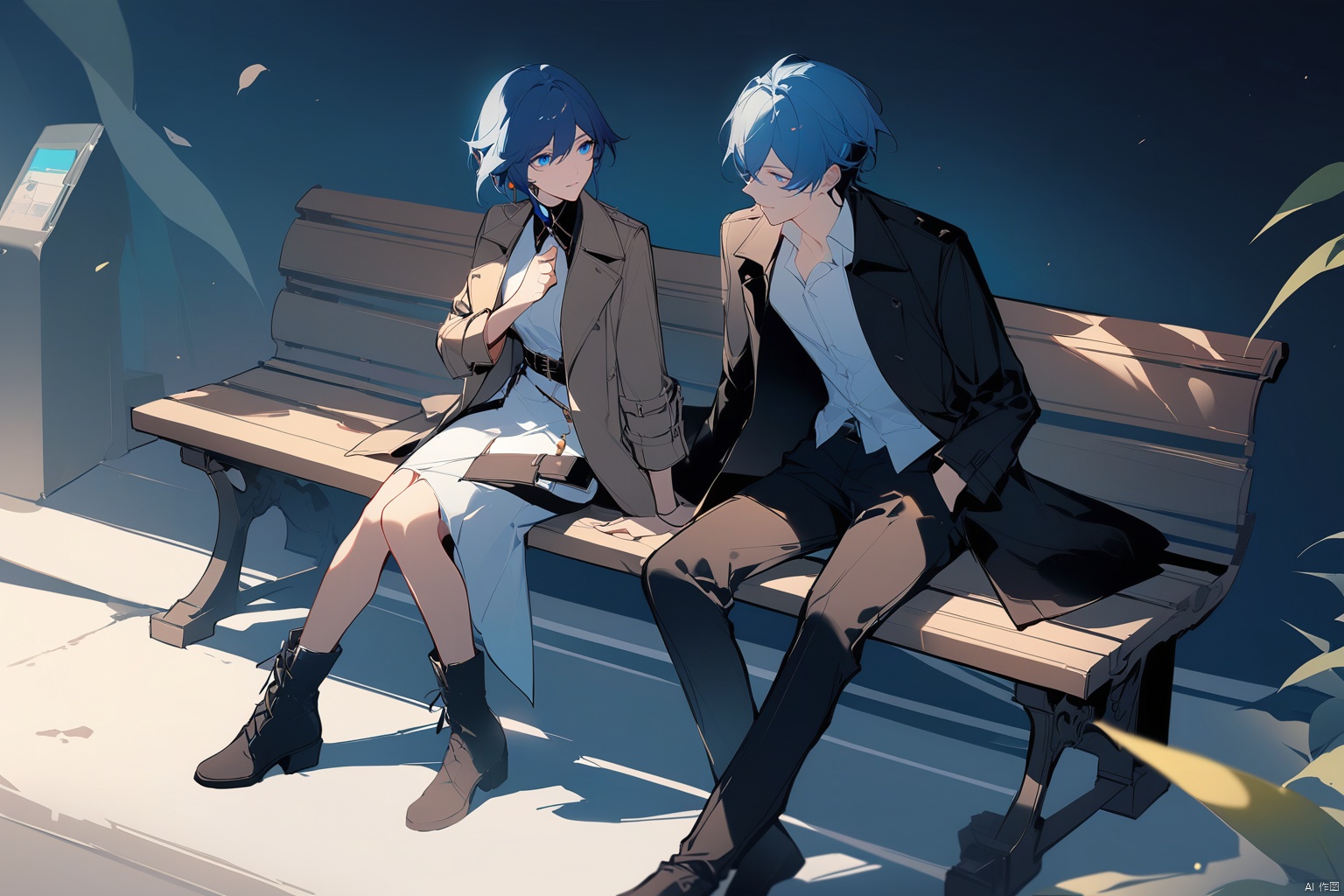  [[fu hua (phoenix)(honkai impact 3rd)]],nai3,1girl,solo,blue eyes
{artist:ask(askzy)}, 
1girl, short hair,  1boy, sitting, blue hair, boots, looking at another, bench, trench coat