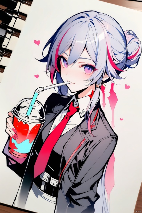  [[fu hua(honkai impact 3rd)]], nai3, 1girl, solo, artstyle,best quality,amazing quality,very aesthetic,absurdres,traditional media,female focus, 
1girl, solo, bangs, long sleeves, holding, purple eyes, jacket, pink hair, white hair, multicolored hair, necktie, virtual youtuber, hair bun, chibi, vest, two-tone hair, cup, :3, red necktie, meme, black vest, drinking straw, disposable cup