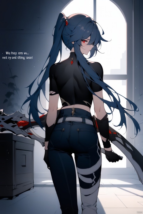  [[fu hua(honkai impact 3rd)]], nai3, 1girl, solo, artstyle,best quality,amazing quality,very aesthetic,absurdres,traditional media,female focus, 
1girl, solo, long hair, gloves, twintails, weapon, black gloves, pants, indoors, from behind, english text, sunlight