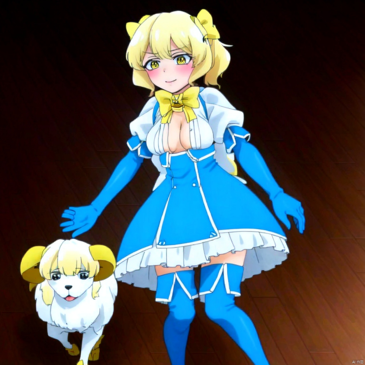 gloves,bow,dress,thighhighs,elbow gloves,1girl,puffy sleeves,hair bow,breasts,魔法枫糖, A young girl,A girl,Two yellow sheep hor