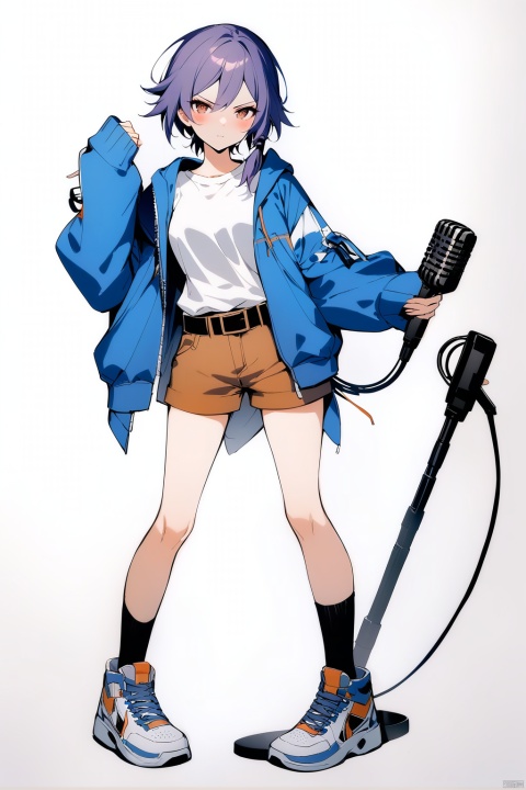  [[fu hua(honkai impact 3rd)]], nai3, 1girl, solo, artstyle,best quality,amazing quality,very aesthetic,absurdres,traditional media,female focus, 
1girl, solo, looking at viewer, blush, short hair, bangs, shirt, long sleeves, white background, holding, brown eyes, closed mouth, standing, jacket, full body, white shirt, purple hair, open clothes, shoes, shorts, socks, belt, hand up, open jacket, v-shaped eyebrows, sleeves past wrists, blue jacket, black socks, sneakers, microphone, holding microphone, brown shorts
