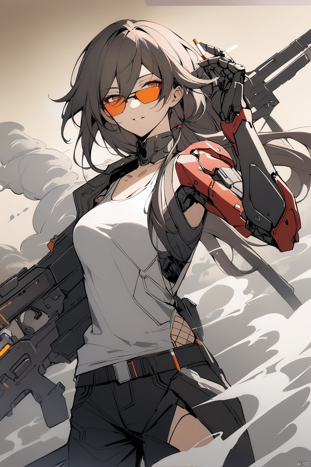  [[fu hua(honkai impact 3rd)]], nai3, 1girl, solo, artstyle,best quality,amazing quality,very aesthetic,absurdres,traditional media,female focus, 
solo, looking at viewer, brown hair,  holding, weapon, , gun, facial hair, sunglasses, **** top,, smoke, science fiction, cigarette, smoking, mechanical arms, cyborg, single mechanical arm, prosthesis, prosthetic arm, cyberpunk