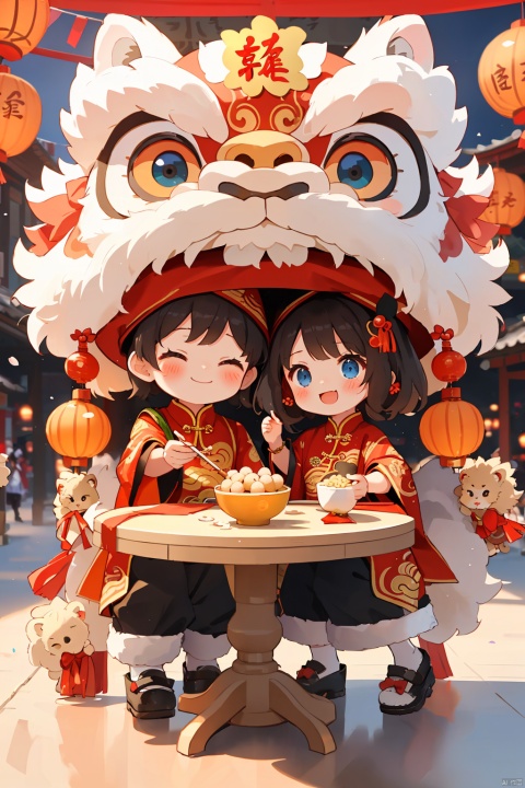  A little boy and a little girl sat at a round table eating glutinous rice balls, New Year costumes, Spring Festival, festival, lanterns, (masterpiece), (best quality), (\shi shi ru yi\),Lion dance, hat,laugh, happy