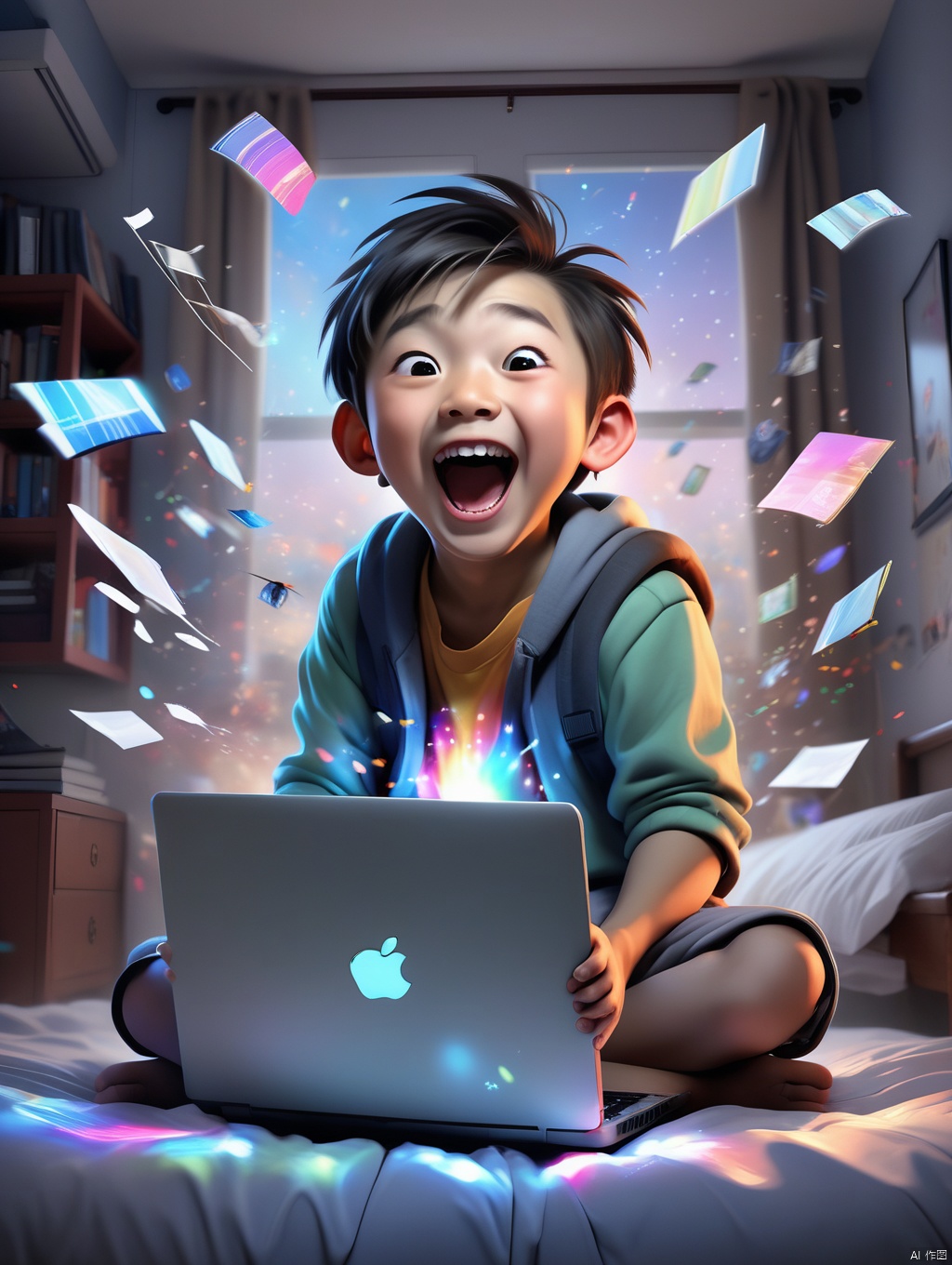  A chinese boy sitting in front of a laptop, surprised, surprised, laughing, and out of the arms, excited, a lot of pictures flying out of the laptop , and with colorful light, mystery, amazing detail, high-definition, professional lighting, in the bedroom,
