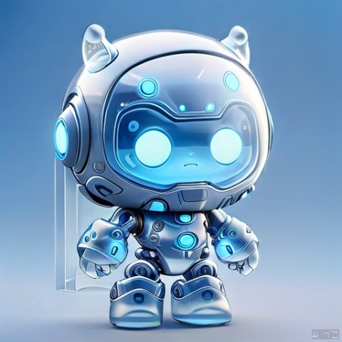Frosted glass effect, robot,  3dIcon,surreal fantasy atmosphere,highly detailed,grey background,gradient,gradient background, tubiao, chibi, dark blue,