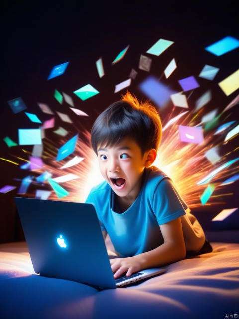  A boy sitting in front of a laptop, surprised, surprised, laughing, but out of the arms, excited, flying out of the laptop a lot of pictures, and with colorful light, mystery, amazing detail, high-definition, professional lighting, the laptop radiates a dazzling light, saibofeng