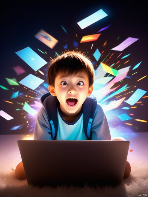  A boy sitting in front of a laptop, surprised, surprised, laughing, but out of the arms, excited, flying out of the laptop a lot of pictures, and with colorful light, mystery, amazing detail, high-definition, professional lighting, the laptop radiates a dazzling light, saibofeng