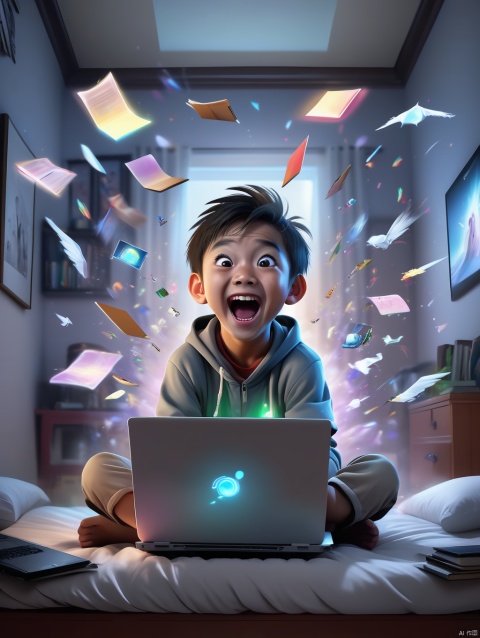  A chinese boy sitting in front of a laptop, surprised, surprised, laughing, and out of the arms, excited, a lot of pictures flying out of the laptop , and with colorful light, mystery, amazing detail, high-definition, professional lighting, in the bedroom,