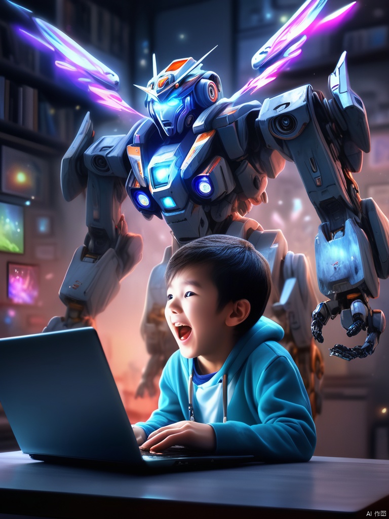  A boy sitting in front of a laptop, surprised, surprised, laughing, but out of the arms, excited, flying out of the laptop a lot of pictures, and with colorful light, mystery, amazing detail, high-definition, professional lighting, the laptop radiates a dazzling light, saibofeng, mechanical,Mecha