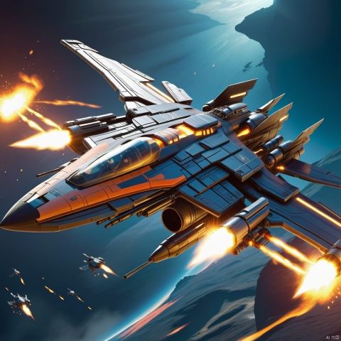 fighter, science fiction shape, futuristic shape, technical details, metallic luster, tail spray tail flame, firing beam weapons, there are more fighters in the air to fight, science fiction, explosion, future, high-tech, HD, big scene, high quality,
, circuitboard