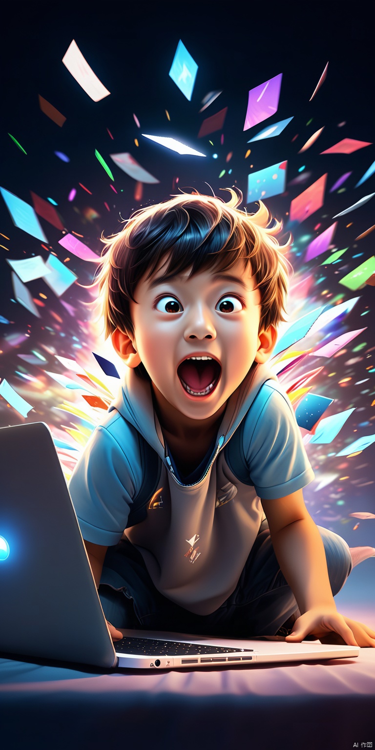  A boy sitting in front of a laptop, surprised, surprised, laughing, but out of the arms, excited, flying out of the laptop a lot of pictures, and with colorful light, mystery, amazing detail, high-definition, professional lighting, the laptop radiates a dazzling light, saibofeng