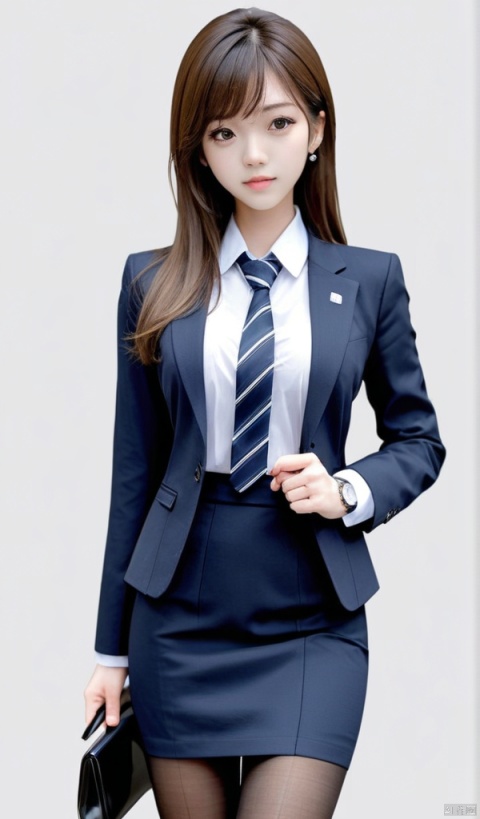 Best quality, masterpiece, 1girl, chinese girl, office lady, brown hair, brown eyes, long hair, bangs, formal, business suit, pinstripe suit, white shirt, collared shirt, blue jacket, pencil skirt, pantyhose, black footwear, black pantyhose, high heels, watch, ear stud, indoors, white background, solid background, standing, looking at viewer, full body, 019styleofclothes, , ((poakl)), depth of field
