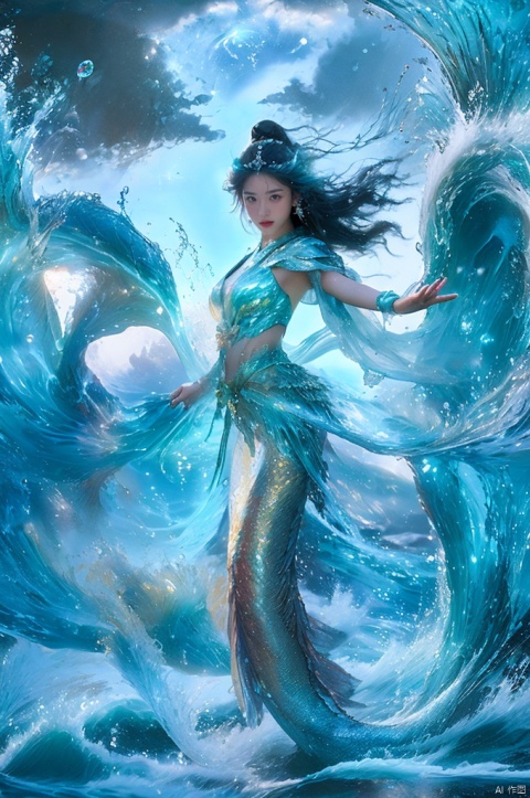 ((masterpiece))), (((best quality))), ((super detailed)), ((extremely delicate and beautiful)),cinematic light, Dynamic Angle, Perspective, High Point,1girl,mermaid princess v2, hair ornament,long hair, see-through, glowing, looking at viewer, particles, sparkles, bubble, blue, Shells, fish, jellyfish, pearls, starfish, ocean, wave, water, water drop, fisheye, motion blur, dream like, colorful, yushui, 