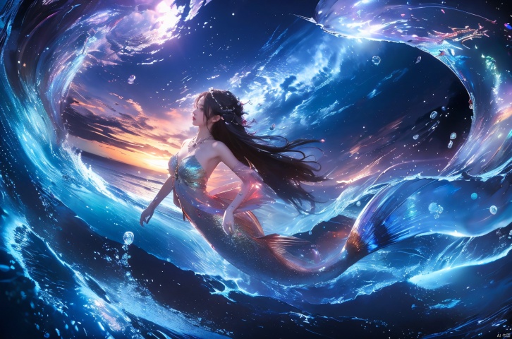  ((masterpiece))), (((best quality))), ((super detailed)), ((extremely delicate and beautiful)),cinematic light, Dynamic Angle, Perspective, High Point,1girl,mermaid princess v2, hair ornament,long hair, see-through, glowing, looking at viewer, particles, sparkles, bubble, blue, Shells, fish, jellyfish, pearls, starfish, ocean, wave, water, water drop, fisheye, motion blur, dream like, colorful, yushui,