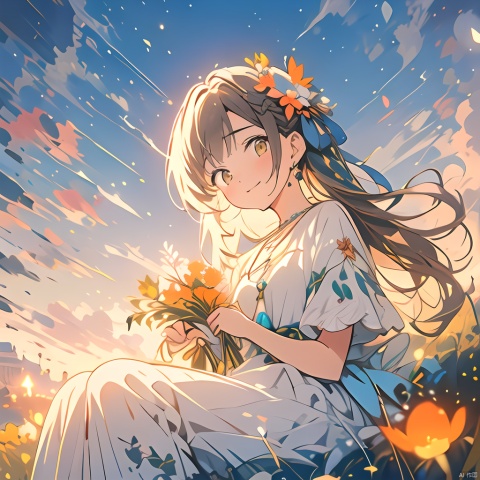  1girl, solo, dress, jewelry, outdoors, hair ornament, long hair, looking at viewer, earrings, sitting, hair flower, holding, blue dress, smile, sky, blush, ribbon, bangs, holding flower, hair ribbon, brown hair, short sleeves, closed mouth, blue ribbon, necklace, sunset, cloud, grass, field, petals, yellow eyes, orange flower, yellow flower