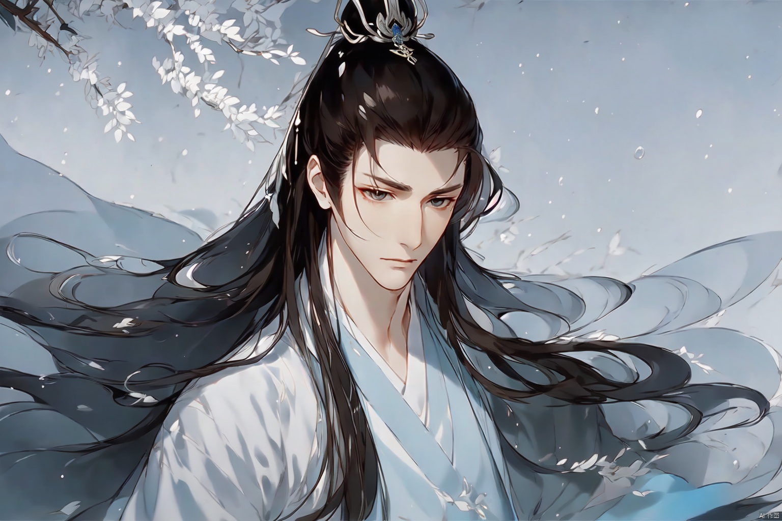  A man with long black hair, brown eyes, a white gold Hanfu, a rainy day in the background of the Forbidden City, expressionless expression, smooth hair, looking forward, solo, exquisite facial features, comfortable anime style, Chinese style, Houyue