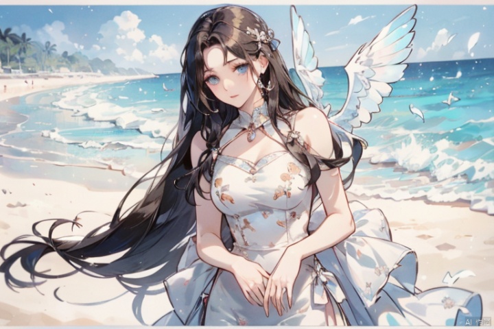 The man is holding a woman, his long hair is fluttering, he is very beautiful, on the beach, wearing a swimsuit