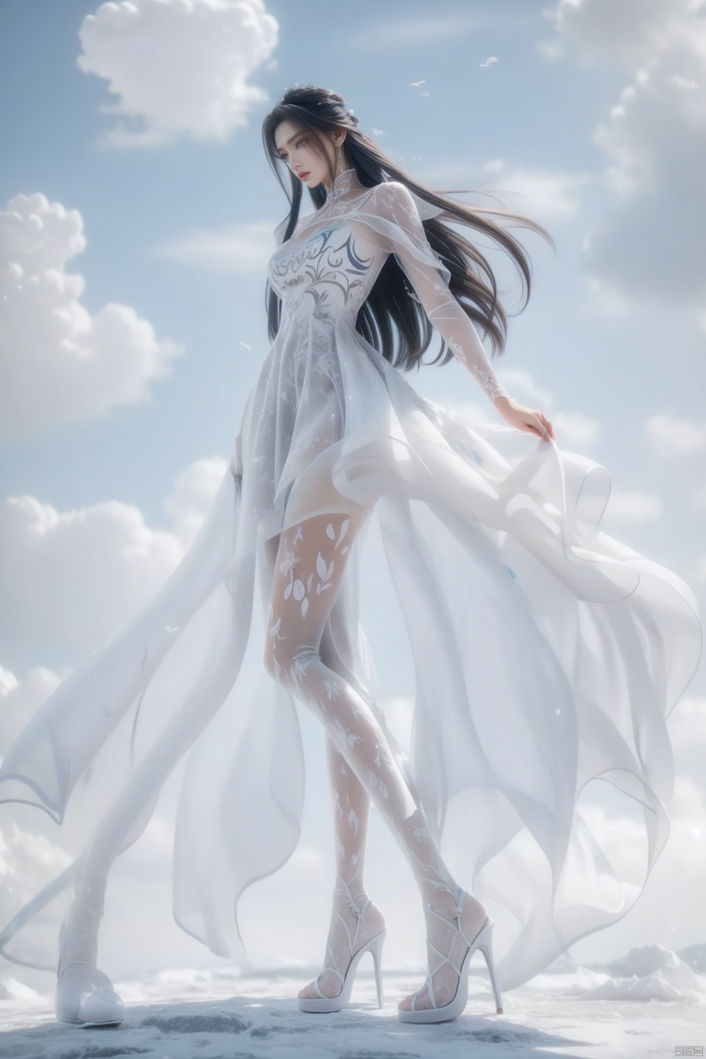  White evening dress, white theme, blooming everywhere, long hair fluttering, white clouds blossoming,Full-body high heels, white printed pantyhose