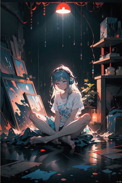  fine art, oil painting, amazing sky, . European Hippie Girl meditating in her room, dreaming, Wear headphones, night lights, Neon landscape on a rainy day, Analog Color Theme, Lo-Fi Hip Hop , retrospective, flat, 2.5D