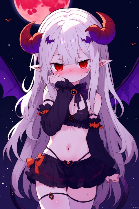 1girl,loli,succubus,demon girl,wings,pointy ears,long hair,white hair,red eyes,costume,navel,blush,looking at viewer,night,halloween,red moon,