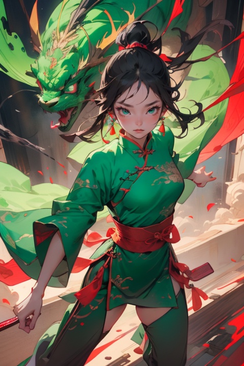 A girl wearing green Chinese clothing, traditional Chinese dragon, combat posture, holding a fan, anime style, advanced green color scheme, super details, psychedelic surrealism, hazy smoke, ultra wide angle shooting, digital enhancement - q 5-ar 3:2
