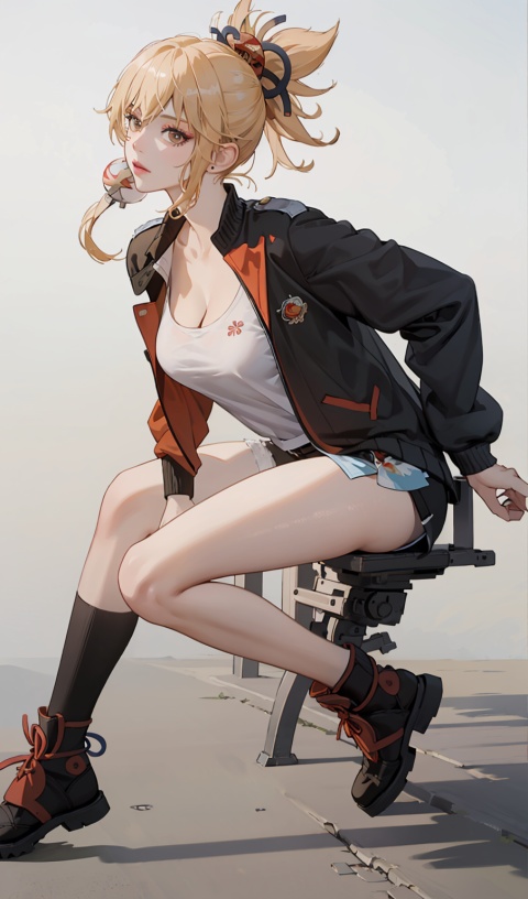 best quality,ultra high res,photoshoot, ((photorealistic::1.4),1girl,solo,brown eyes,she is wearing streetwear,cropped shirt with jacket,looking at viewer,facing front,wide angle,low angle,from bottom angle view,makeup,full body,nami,one piece,nami from onepiece,sexy,hot,yoimiya \(genshin impact\,blonde hair,ponytail,hair ornament,big_breast,cleavage,1girl,bare_legs,movement,standing,yokozuwari