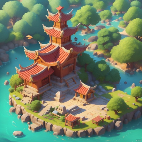  Ancient building on the lake, Chinese style building, tile roof,rock,stone,yellow tile ,, game icon institute